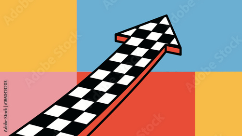 Checkered arrow pointing upwards on a multicolored background