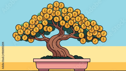 A serene bonsai tree with golden coins as leaves in a pink pot against a pastel blue and yellow background