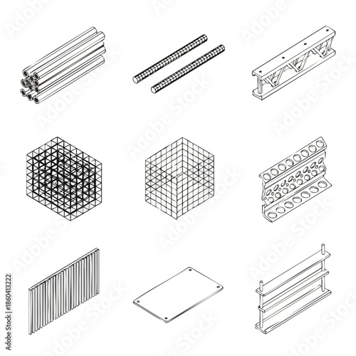 Vector Illustration of Construction Elements Including Pipes, Rebars, and Gratings for Industrial Use.