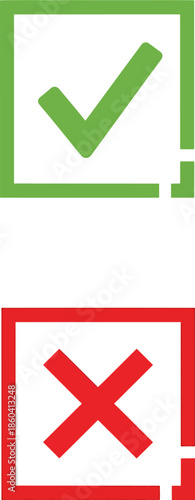 Set of green checkmark and red cross icons within square frames symbolizing agreement, confirmation, or rejection and cancellation symbols.