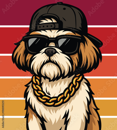 Cool Shih Tzu Dog Vector in Sunglasses and Gold Chain, character with attitude