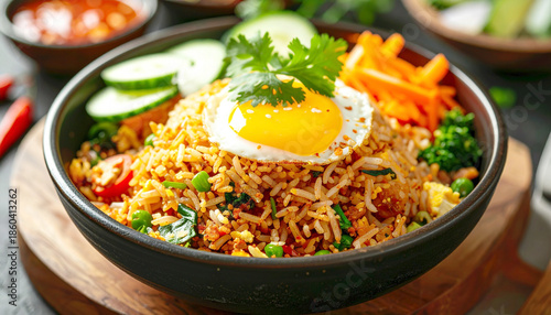 Bowl of Indonesian nasi goreng with fried rice and vegetables. AI