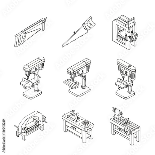 Woodworking Tools Set - Drilling, Cutting, and Shaping Machines.