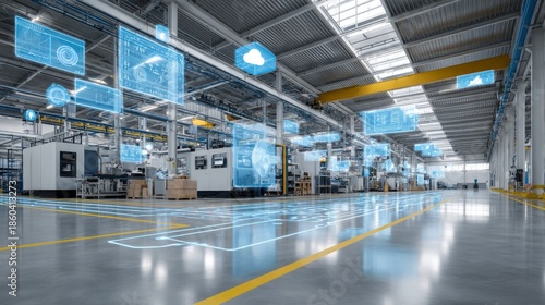 Expansive factory floor with machinery, bright lighting, and overlaid digital displays suggesting data analytics and automation