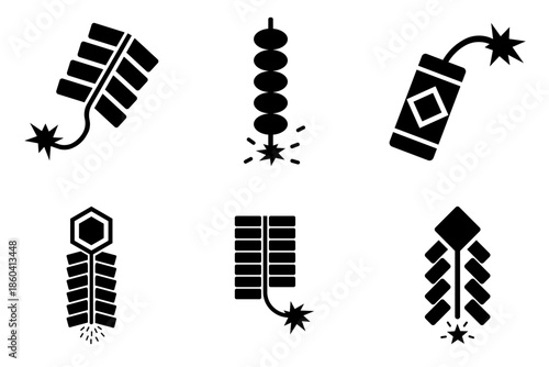 Firecracker Icon Collection Minimal Black Solid Celebration Explosion Symbols