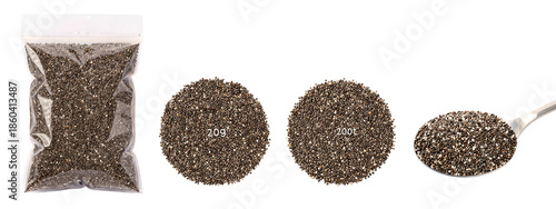 Photograph of a transparent plastic bag filled with black and white chia seeds, three round piles of chia seeds, and one pile on a white spoon.