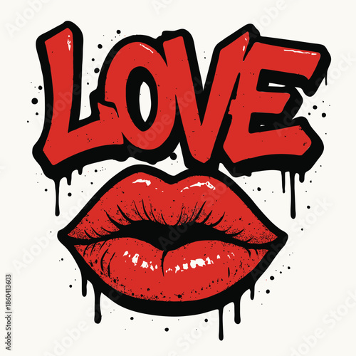 Love Graffiti Typography with Lip Illustration, Modern Urban Street Art Vector Design Isolated on White Background 