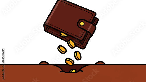 Coins spilling from a wallet into a hole in the ground