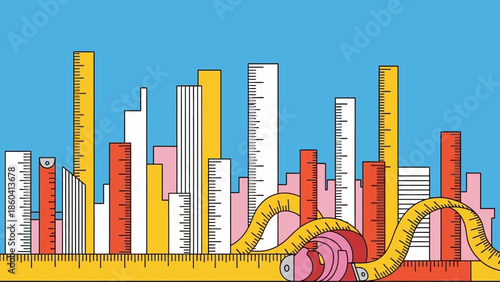 Measuring the height of colorful city buildings with a giant yellow tape measure against a blue sky