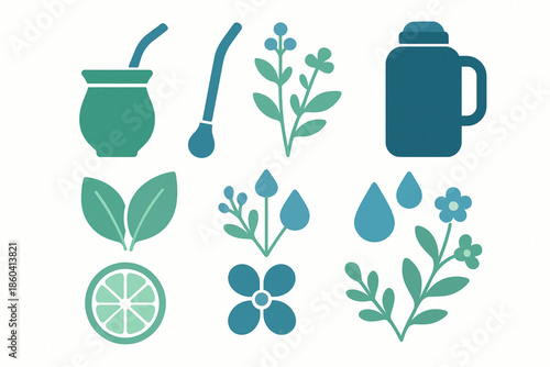 Paraguayan tereré herbal tradition vector icons refreshing flat style