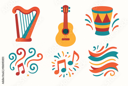 Paraguayan traditional music vector icons rhythmic colorful flat style