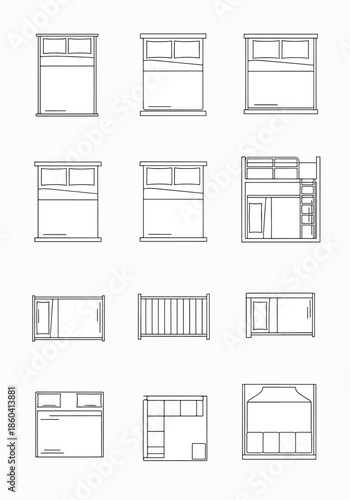Collection of Vector Outline Illustrations of Various Beds and Bedroom Furniture items in Top Down View