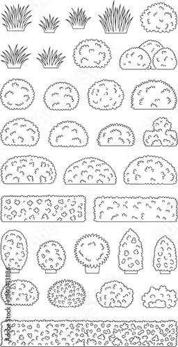 Collection of Vector Outline Illustrations of Various Garden Plants Grass Bushes and Trees for Landscape Design