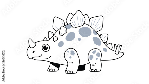 A cute and simple coloring book-style illustration of a baby stegosaurus dinosaur with spots, shown in a friendly and smiling pose.