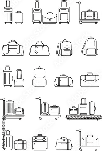 Collection of various luggage and travel bags icons for airport baggage check in and travel accessories graphic design