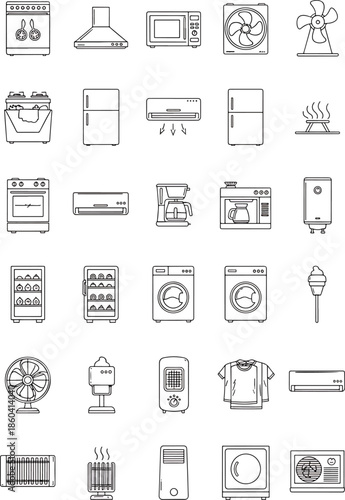 Collection of various household appliances and kitchen electronics outline icons for web and mobile design, Clean flat vector set