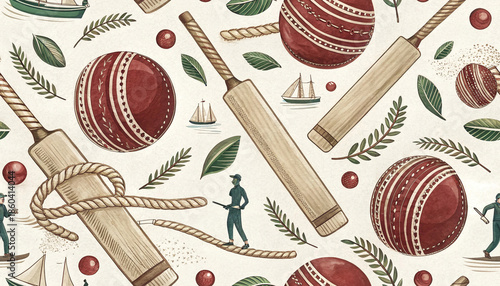 Cricket pattern with bats, balls, leaves and rope