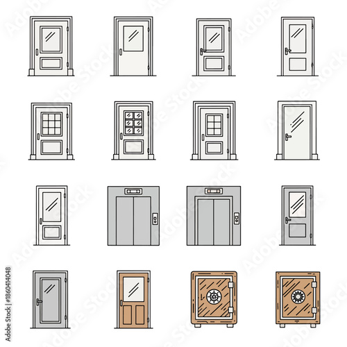 Collection of various door and safe icons representing different access and security options on a white background