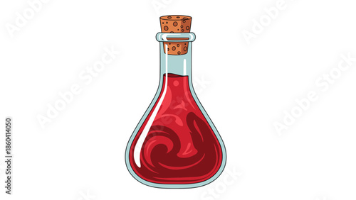 A glass potion bottle with a cork stopper, filled with a swirling red liquid, suitable for themes of magic, fantasy, alchemy, or Halloween.