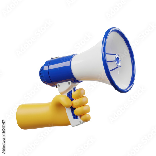 oversized, stylized cadmium yellow 3d hand grasping a detailed sapphire blue and white megaphone in a clean, high-impact studio setting. concept of bold public announcement