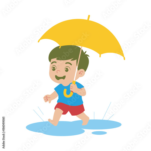 Happy boy walks through puddles holding a bright yellow umbrella.