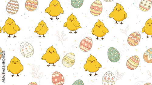 Seamless Easter pattern featuring cute yellow chicks and decorated colorful eggs scattered on a white background for spring.