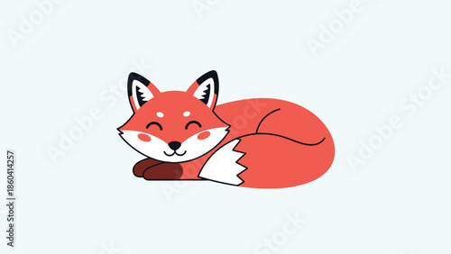 Cute sleeping red fox character curled up in a peaceful slumber shown as a charming children illustration on light blue.