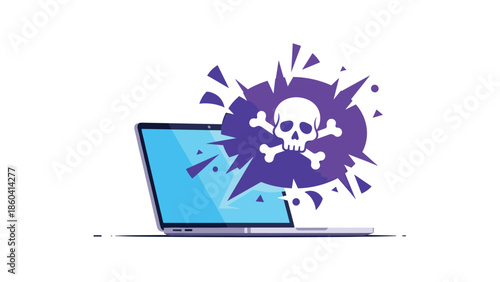 Computer laptop screen displaying a purple skull and crossbones icon representing a cyber attack or malware infection.