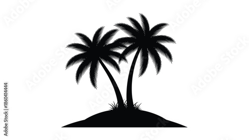 Silhouette of two palm trees growing on a small island mound against a clear white background for a tropical travel theme.
