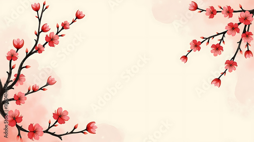 Chinese New Year Greeting Card with Plum Blossom Flowers and Elegant Background