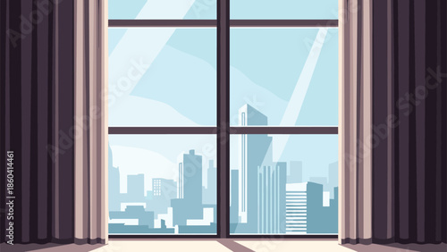 Modern city skyline viewed through a large office window with curtains on each side creating a bright professional atmosphere.