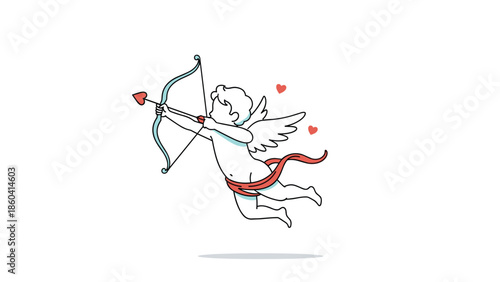 A charming line art illustration of a cupid angel flying and aiming his bow and arrow, complete with a flowing red ribbon and little floating hearts.