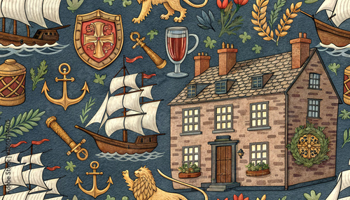 Detailed vintage seamless pattern depicting maritime history elements including sailing vessels old houses anchors and heraldic symbols
