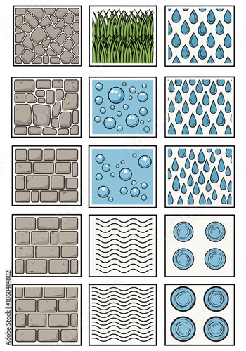 Collection of Seamless Textures and Patterns Including Stone Bricks Grass Bubbles Waves and Water Drops for Design