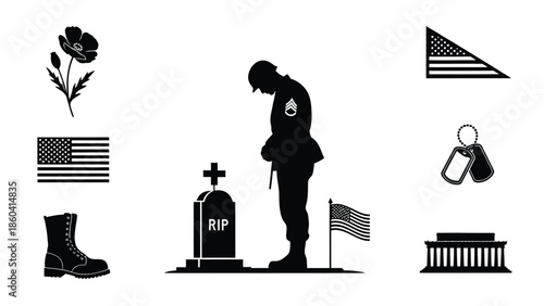 Memorial day patriotism remembrance veterans commemoration silhouette vector on whit background