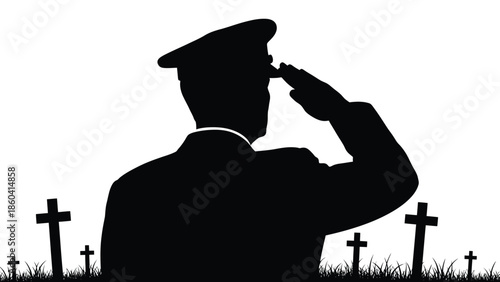 Soldier saluting respectfully in cemetery with crosses silhouette vector on whit background