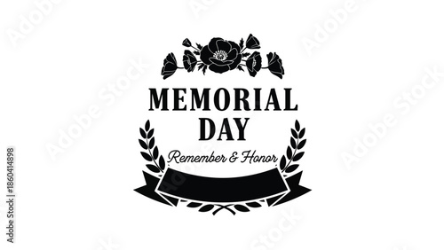 Memorial day tribute with floral wreath and banner silhouette vector on whit background