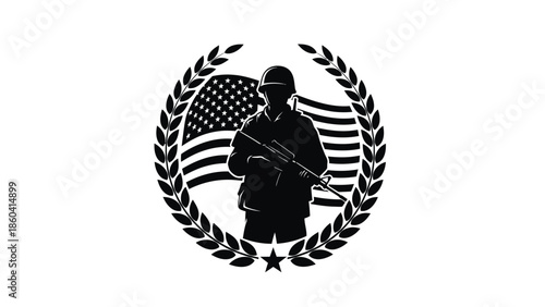 Silhouette of a soldier with rifle in front of american silhouette vector on whit background