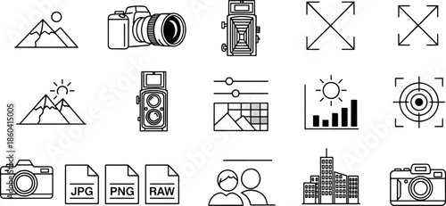 Collection of photography and camera related icons and symbols, including landscape scenes, camera types, file formats, and editing tools
