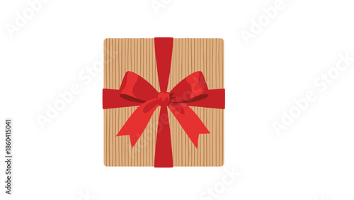 A top-down view of a gift wrapped in brown kraft paper and tied with a large, beautiful red ribbon and bow, in a simple, charming illustration.