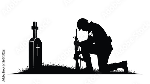 Kneeling soldier praying at gravesite silhouette vector on whit background