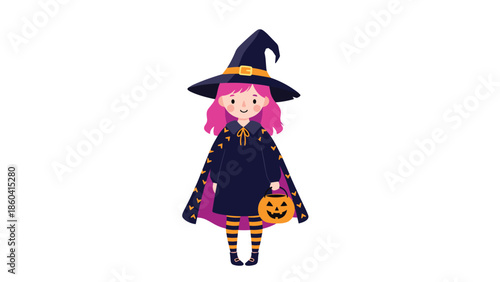 A cute little girl with pink hair dressed as a witch for Halloween, wearing a pointy hat and cape and holding a jack-o-lantern candy bucket.