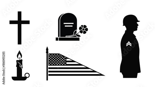 Memorial symbols for remembrance and tribute silhouette vector on whit background