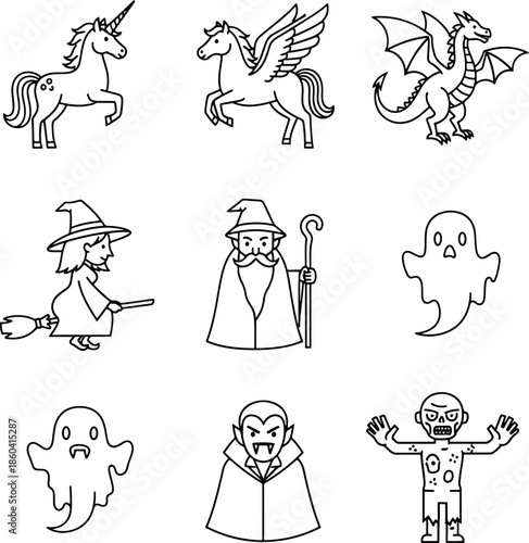 Collection of Mythical Creatures and Halloween Characters Icons Set Unicorn Pegasus Dragon Witch Wizard Ghost Vampire Zombie