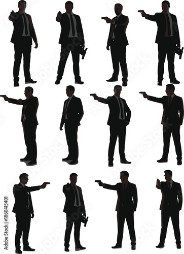 Silhouettes of suited men with guns, action poses, crime concept, espionage theme, dramatic standoff, secret agents, thriller illustration