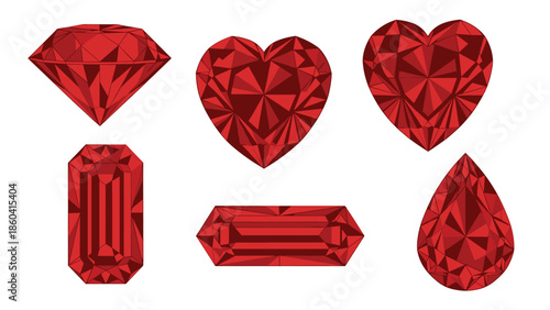 A set of six beautifully faceted red gemstones, including ruby and garnet, in various popular cuts like round, heart, emerald, and pear shape.