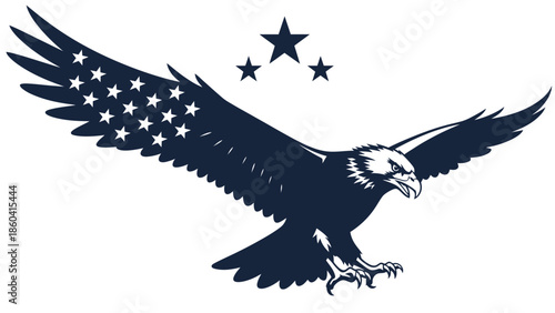 Eagle with stars and wing spread in patriotic illustration silhouette vector on whit background