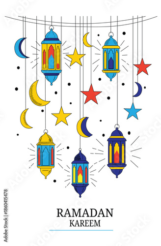 Colorful ramadan kareem greeting card design featuring hanging lanterns, moons, and stars