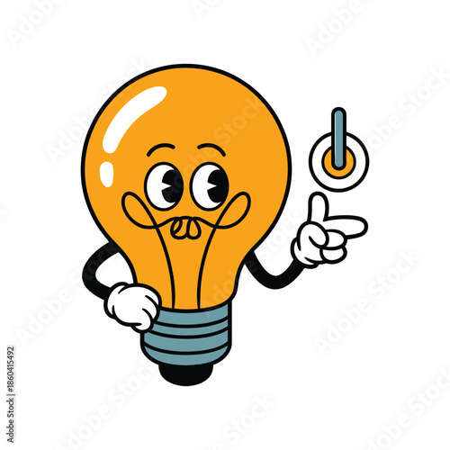 Cartoon lightbulb character points toward glowing power switch.