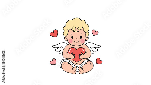 An adorable cartoon cupid with blond hair and white wings, sitting and holding a large red heart, surrounded by smaller hearts.